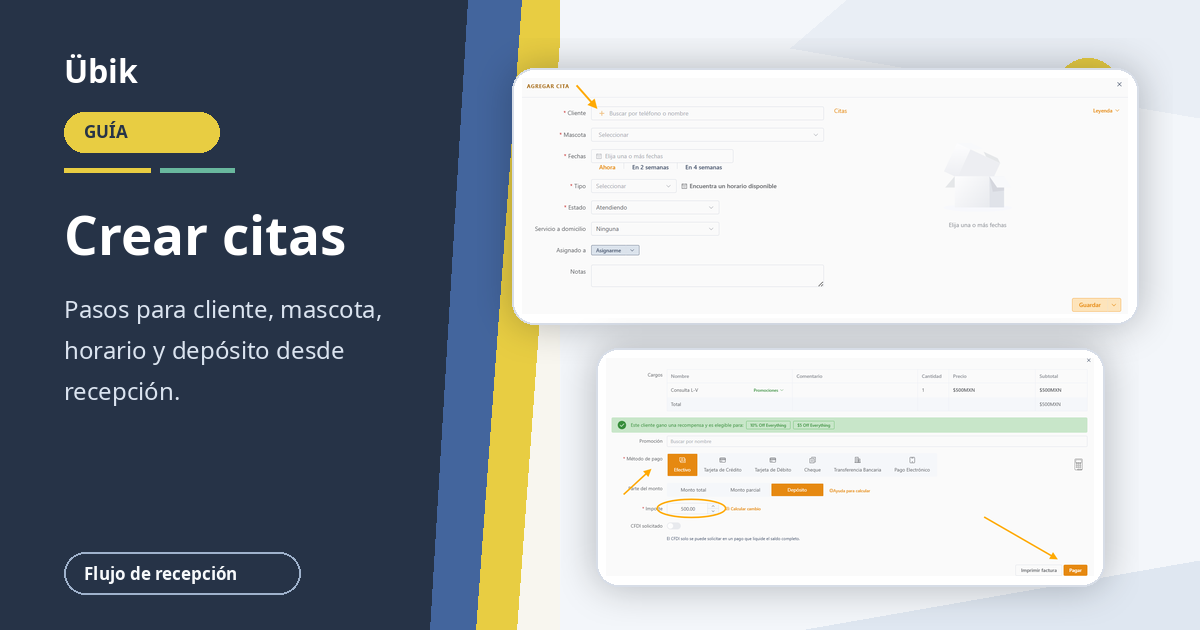 Cómo crear una cita con depósito en Übik: guía paso a paso para recepción
