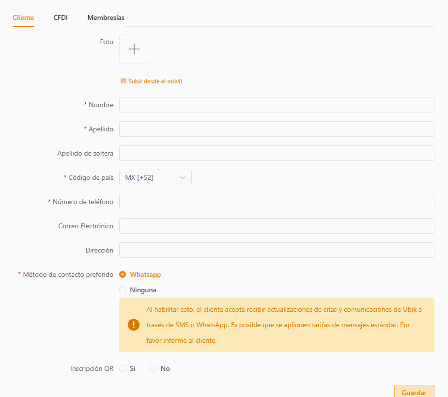 New client registration form