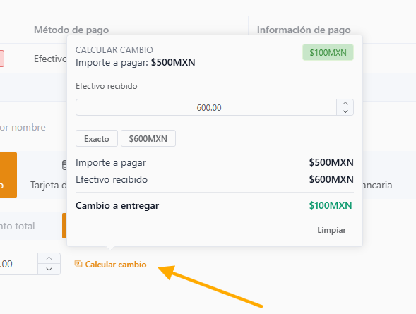 Calcular cambio para un pago en efectivo