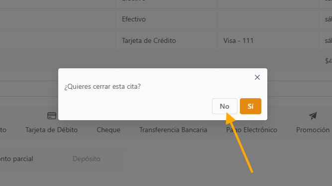 Seleccionar No cuando la cita debe seguir abierta para más pago