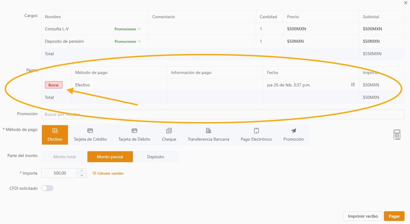 Revisar pagos registrados y borrar un pago incorrecto antes de finalizar