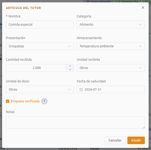 Add an owner-supplied hospitalization item