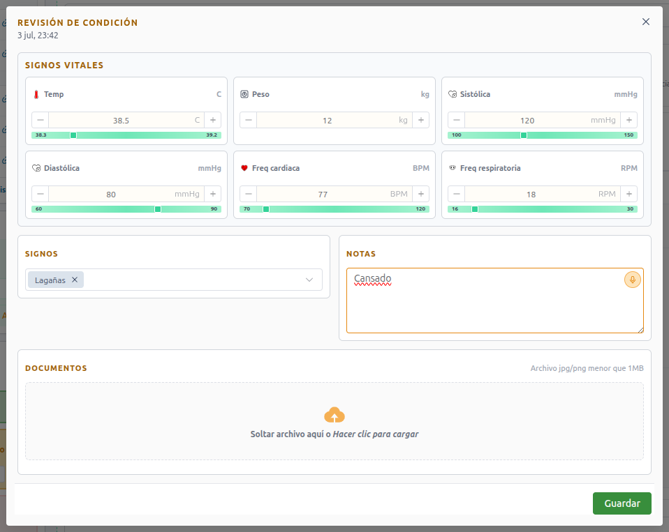 Record vitals, symptoms, notes, and documents