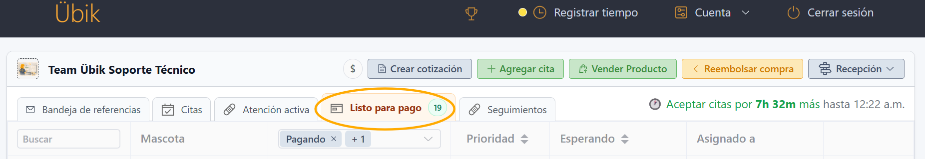 Pestaña Atención activa en el Portal de Recepción